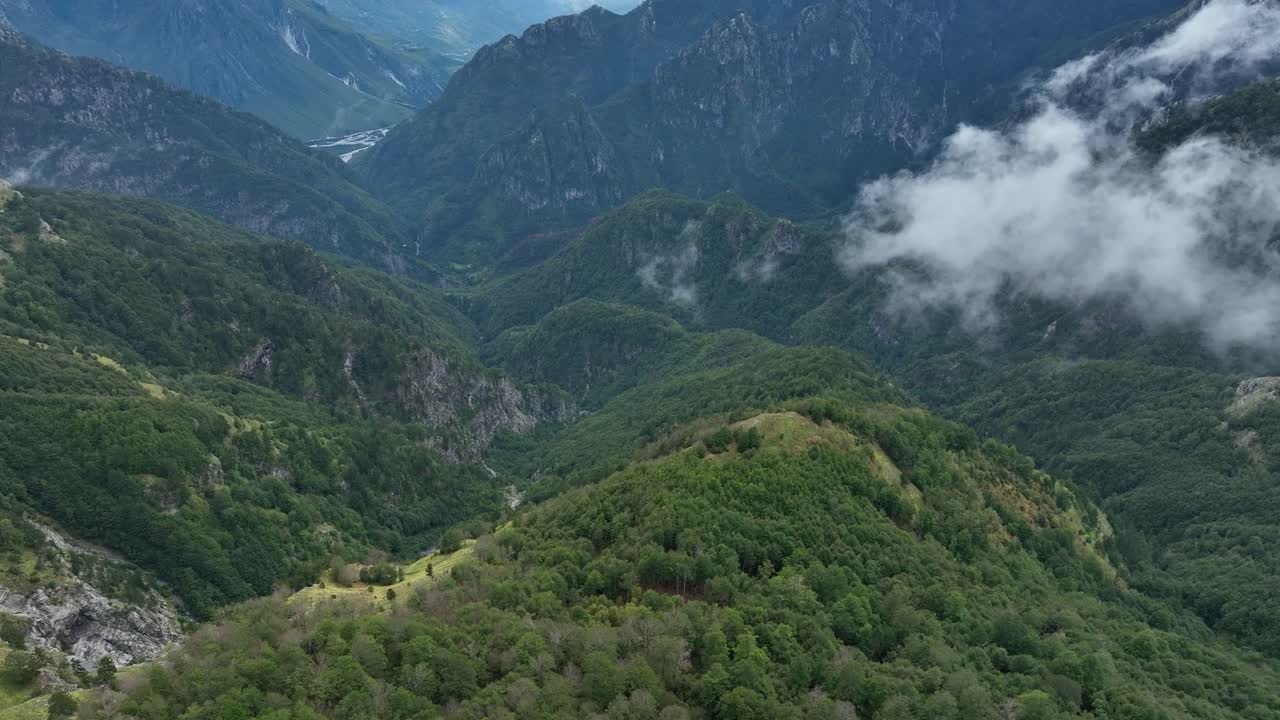 Aerial reveal view of the majestic Teth mountains in Albania