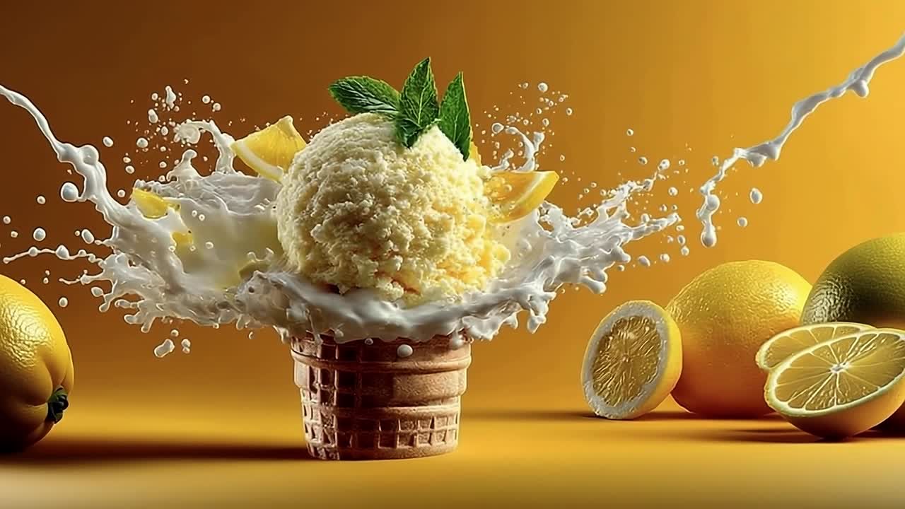 Citrus lemon sorbet splash. A scoop of lemon sorbet bursts through creamy milk, surrounded by fresh lemons and limes on a vibrant background.