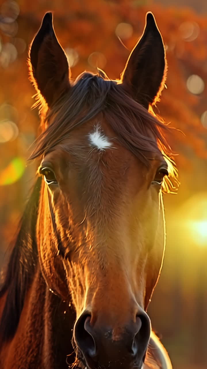 A horse is standing in a field with the sun setting in the background. The horse is brown and white with a black nose