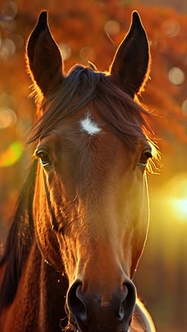 a horse is standing in a field with the sun setting in the background. the horse is brown and white with a black nose