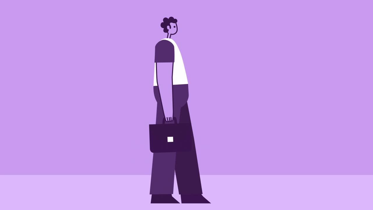 uomo stile viola personaggio piatto ciclo di camminata con valigetta. animazione a ciclo isolato con canale alfa