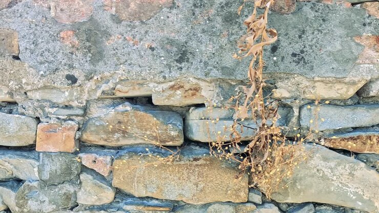 Primo piano di un muro rustico in pietra e mattoni