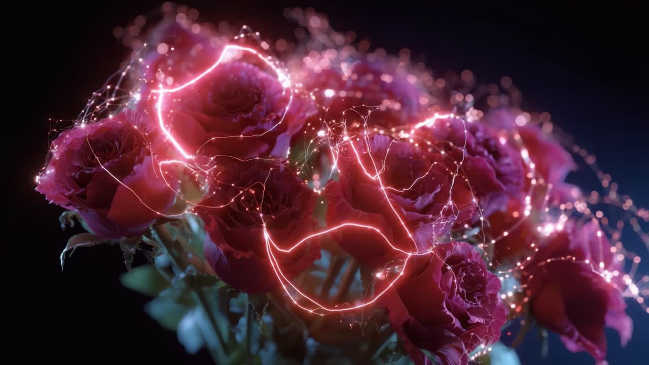 A Stunning Display of Illuminated Red Roses with Sparkling Energy Strings, Creating a Magical and Ethereal Atmosphere in a Dark Background Setting