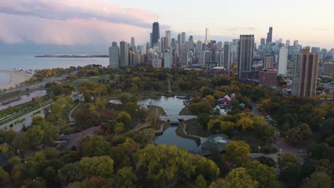 beautiful aerial drone shot of chicago, illinois at sunset