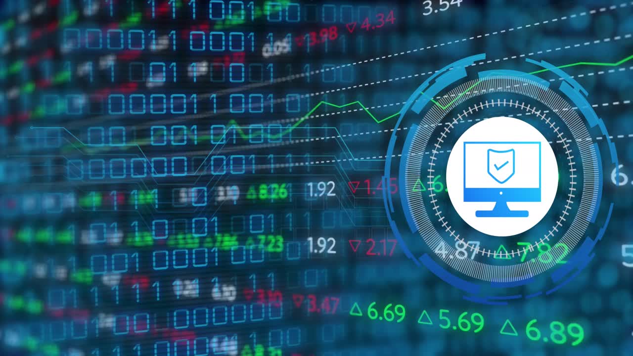 파란색 배경 위에 방패 아이콘으로 데이터 처리의 애니메이션