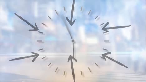 animation of arrows and clock over cityscape