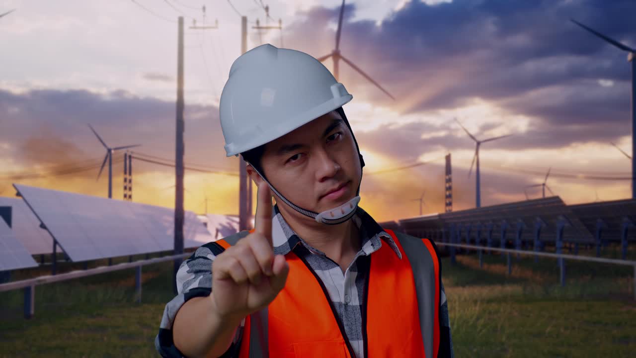 Close Up Of Asian Male Engineer With Safety Helmet Disapproving With No Index Finger Sign While Standing With Solar Panel and Wind Turbines