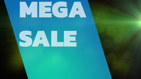 animation of mega sale text on blue background over light beams and lens flares