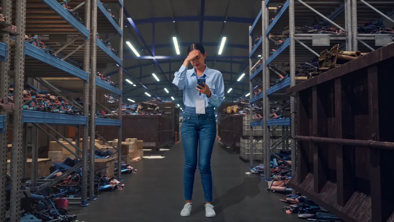 Corpo Inteiro de Mulher Asiática Com Seu Smartphone, Armazém de Sucata e Reciclagem Industrial, Ela Balança a Cabeça em Desapontamento