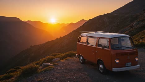a nostalgic sunset view featuring an iconic vintage van parked amid majestic mountains, capturing the serene beauty of nature and adventure at dusk
