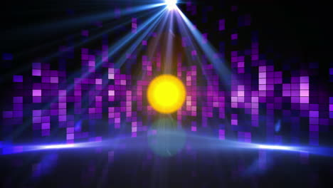 digital animation of color changing spots of light over purple mosaic squares on black background