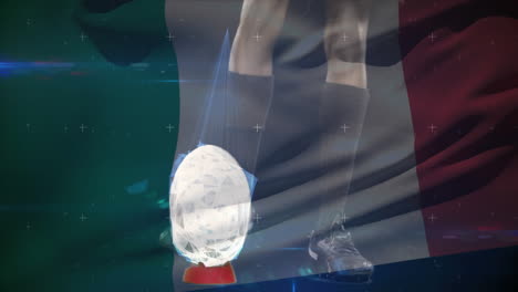 animation of a rugby player kicking the ball with an italian flag on the foreground