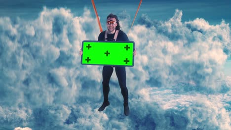 paracaidista excitado con el estandarte de chromakey