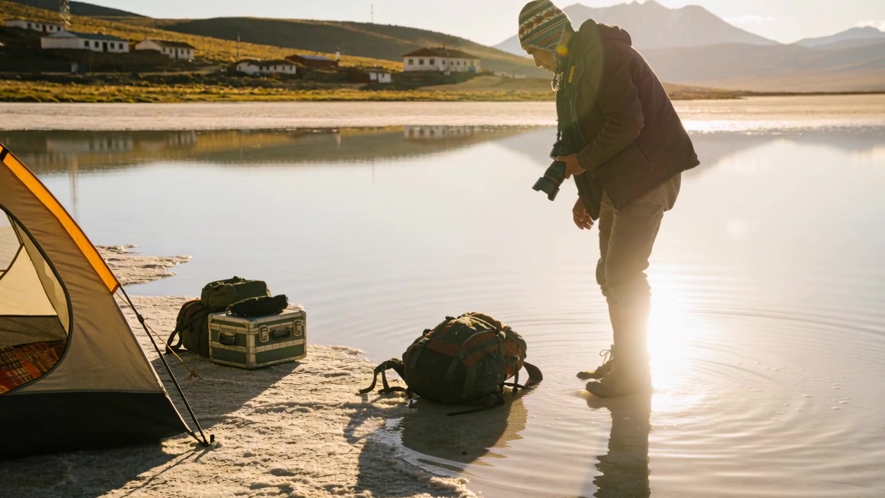 Un escursionista con un cappello solleva lo zaino, entrando in un lago in un campeggio e controllando la sua DSLR per il tramonto.