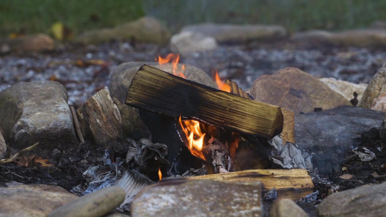 Primo piano di ceppi di legno spaccati, carbonizzati e che bruciano in un piccolo falò