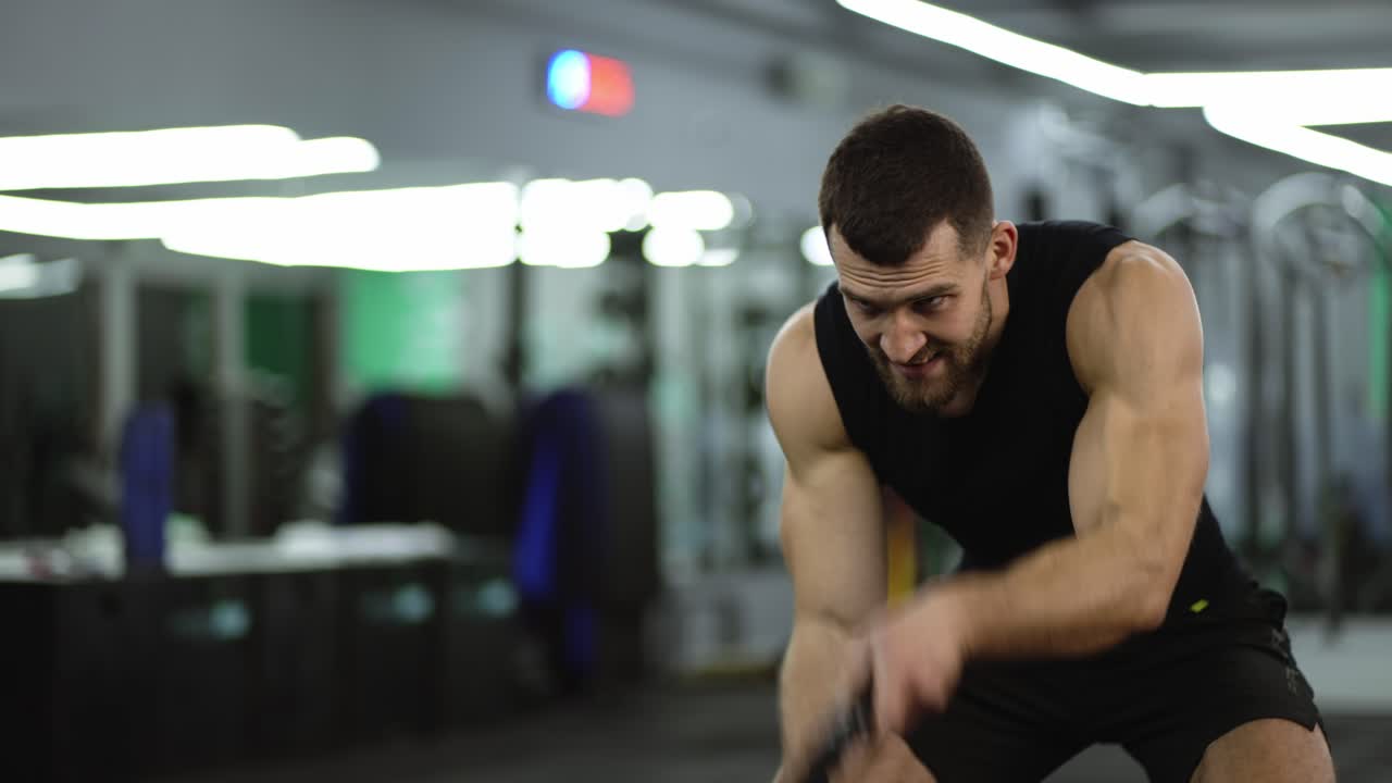 Homem musculoso focado treinando na academia usando cordas navais
