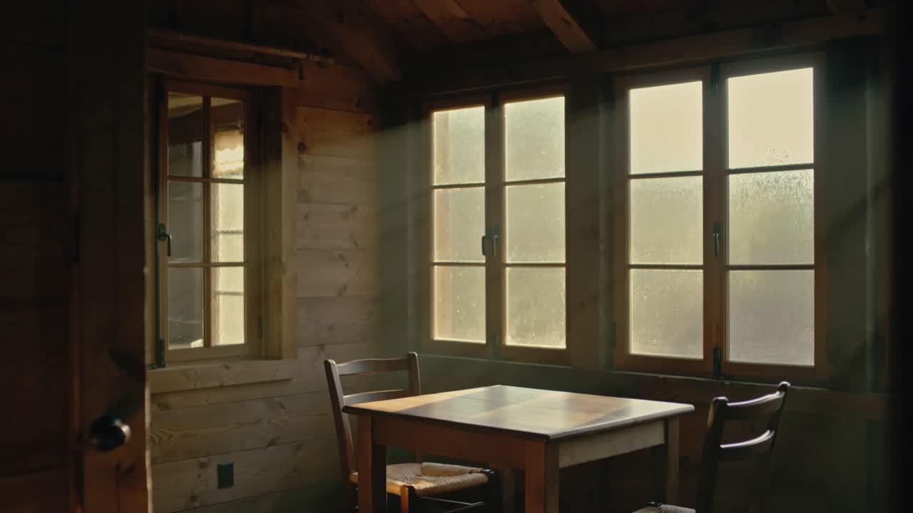 Mostra un tavolo quadrato di legno e sedie con la luce del sole che entra attraverso una finestra satinata e ombre che si muovono.
