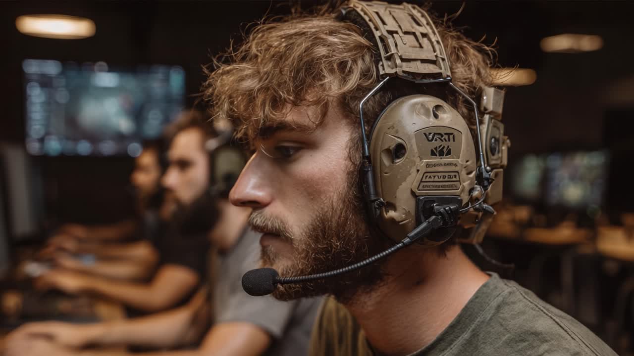 Focused Gamer in a Competitive Environment Wearing Tactical Headset Engaged in Team Play at a High-Tech Gaming Setup with Fellow Players in the Background