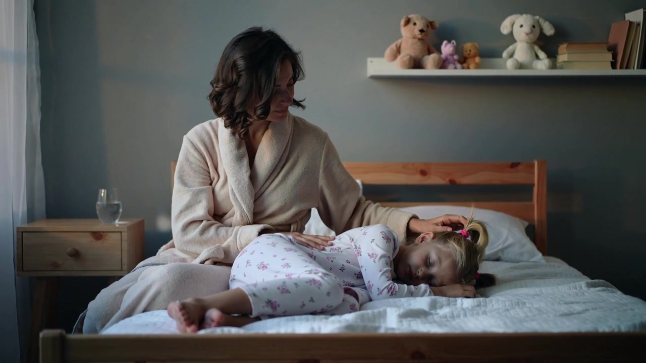Noticing daughter sleeping, mother in robe reaching, smoothing hair for comfort on wooden bed