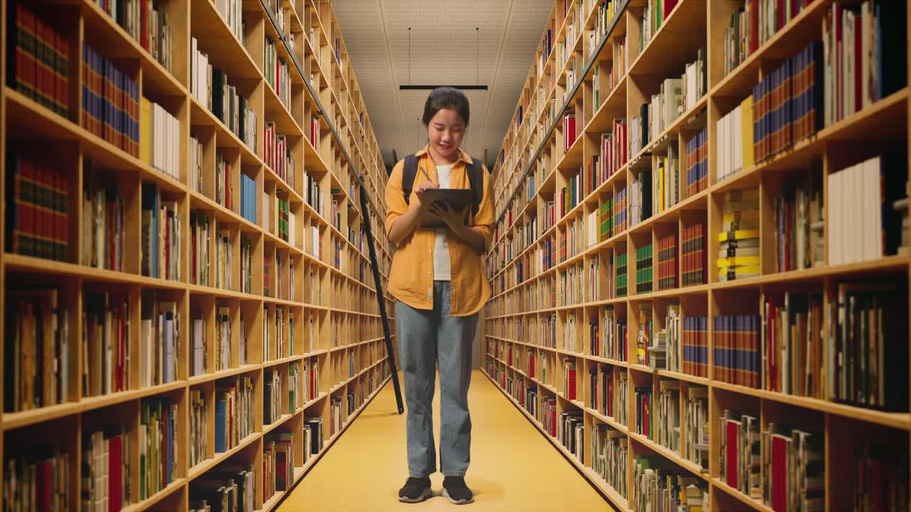 cuerpo lleno de estudiante mujer asiática con una mochila sonriendo y tomando nota en la tableta mientras estaba de pie en la biblioteca