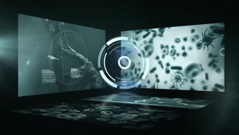 Animation of data processing and scope scanning on black background