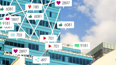 animación de iconos y números de redes sociales en pancartas en el paisaje urbano