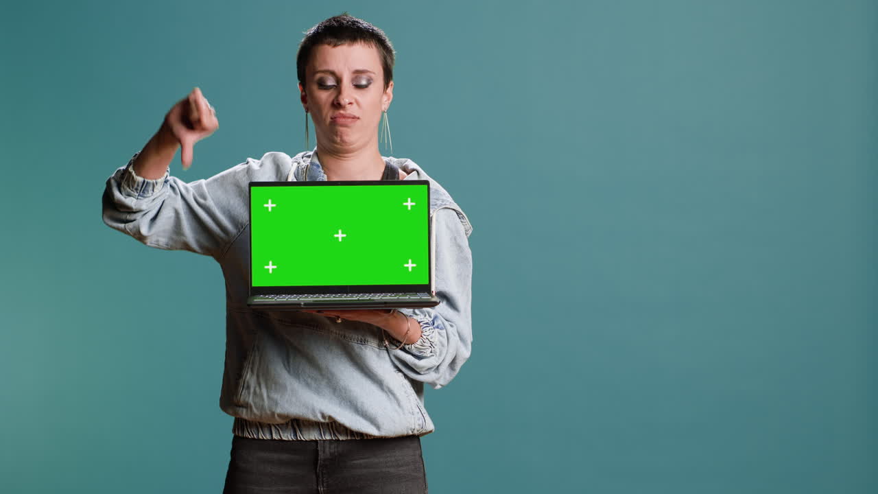 Woman holding a laptop with a green screen and giving a thumbs down