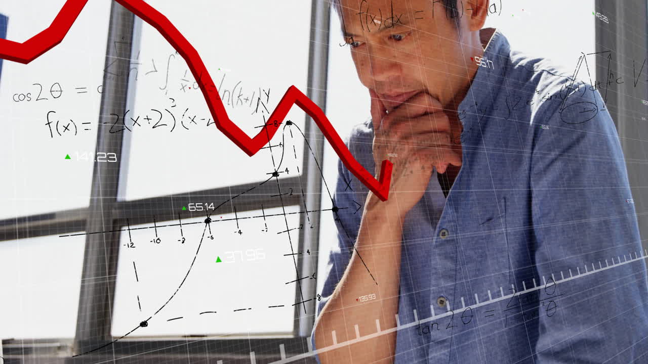 수학적 방정식 및 금융 데이터 처리의 애니메이션 아시아 남성 건축가