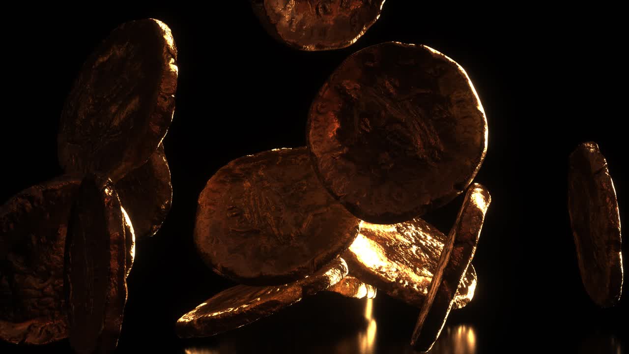 Golden and shiny Ancient Roman Coins falling on black background