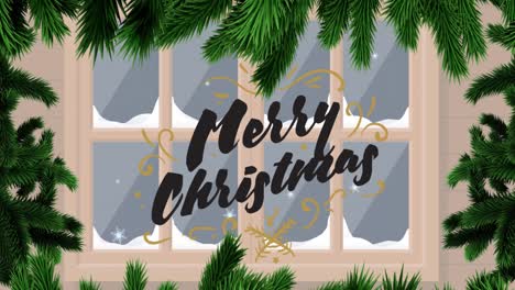 Animación-De-Texto-De-Feliz-Navidad-Sobre-Abeto-Y-Ventana