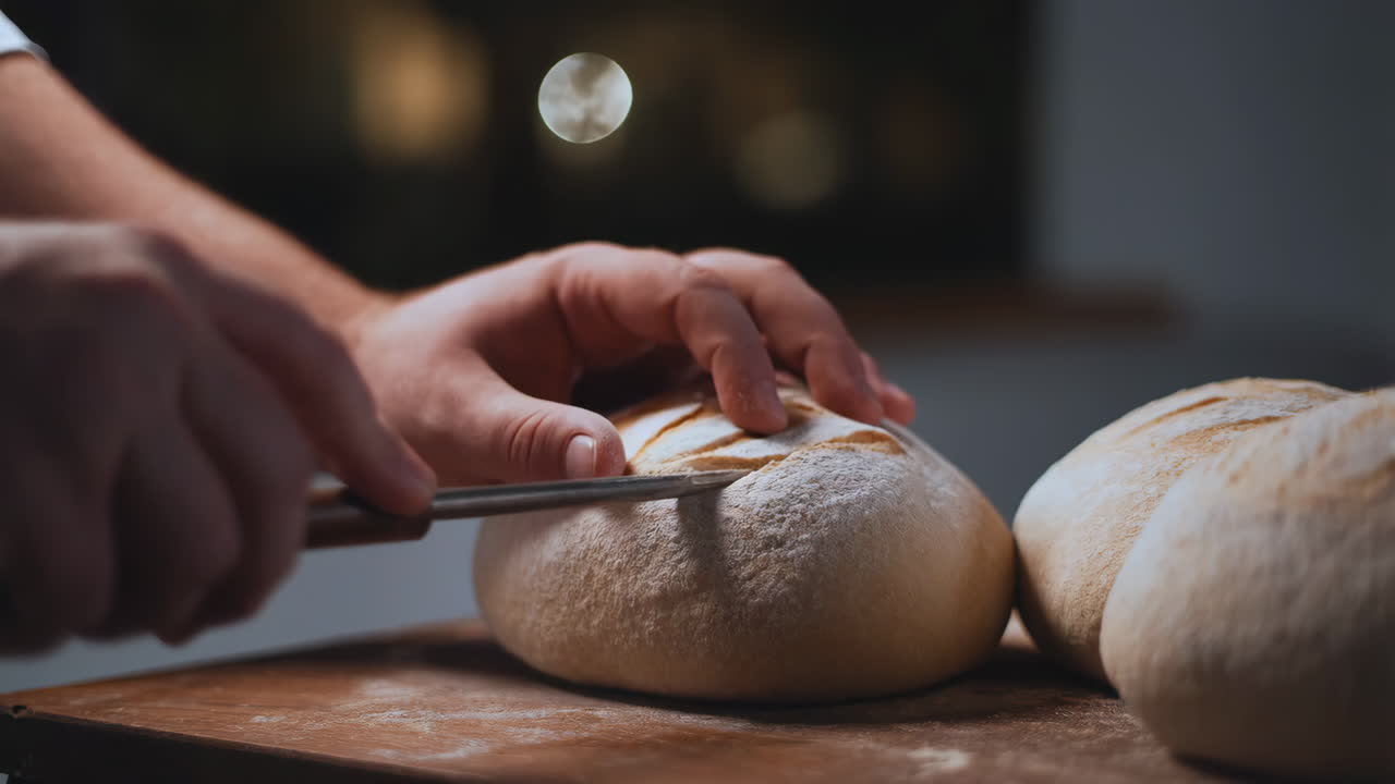 Close-up of a Baker Scoring a Loaf of Dough