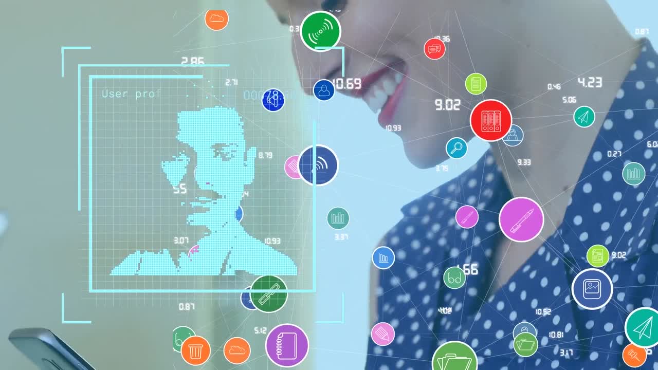 스마트 폰을 사용하는 백인 사업가 여성에 대한 아이콘 및 연결 네트워크의 애니메이션