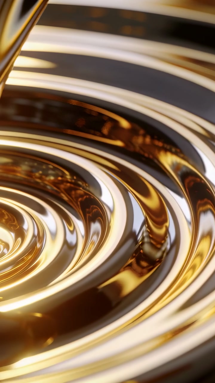 Vertical video: Pouring stream forming spiral rings in golden oil on shallow bowl, with sheen