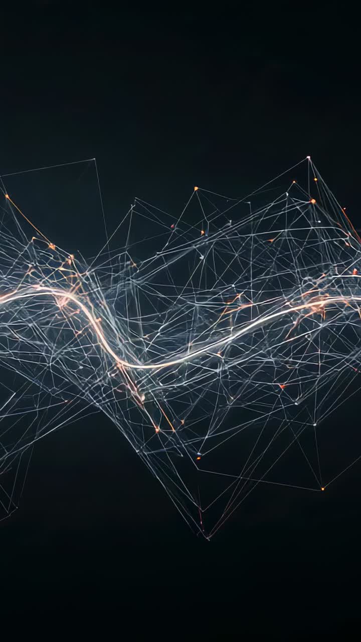 Vertical video: Pulsing central ribbon sending node sparks across mesh in void, showing data flow