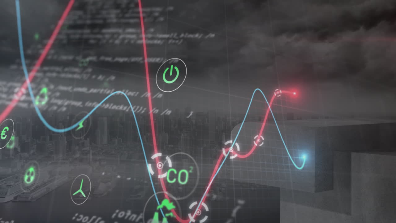 Animation of digital icons, data processing and glowing graphs against aerial view of cityscape