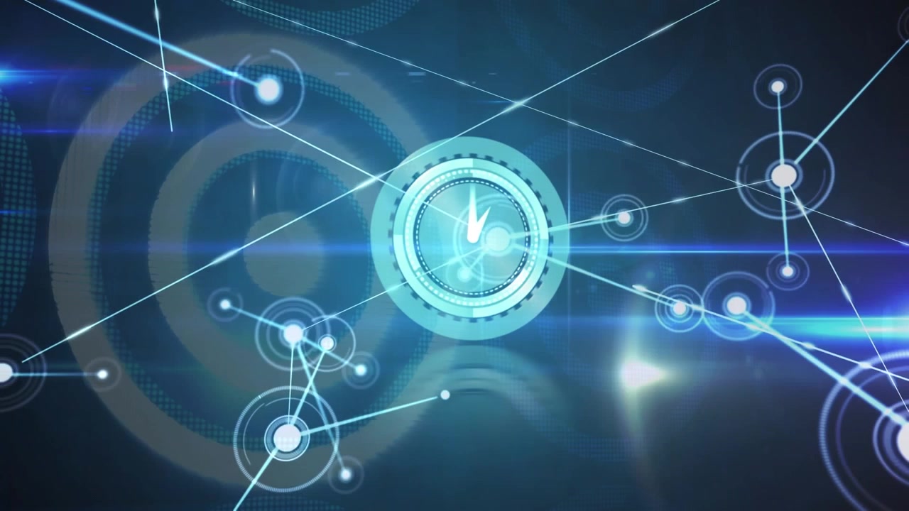 Animation of neon ticking clock over network of connections against blue background