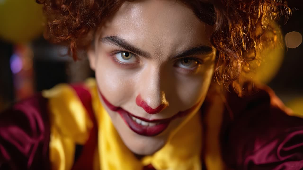 Primo piano di un personaggio clown giocoso con vivaci capelli rossi e un trucco facciale sorprendente, che cattura un'espressione inquietante ma accattivante in un ambiente festoso