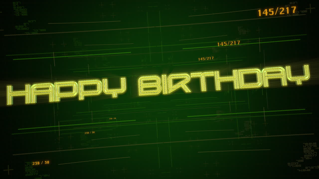 feliz cumpleaños con matriz cyberpunk y elementos hud