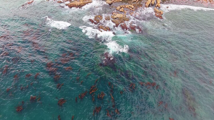Drone shot of ocean surf breaking against jagged rocks in shallow coastal waters