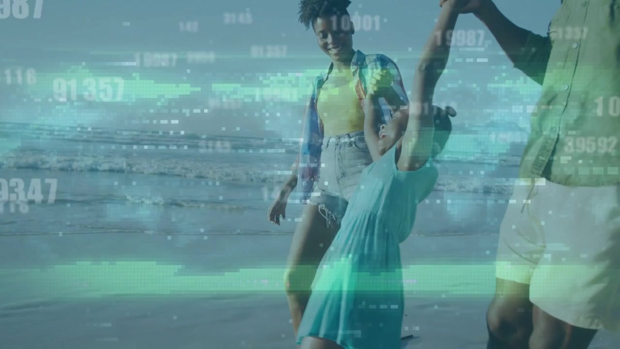 Man lifting, swinging child, adults guiding into walking along surf, tech green bands overlaying