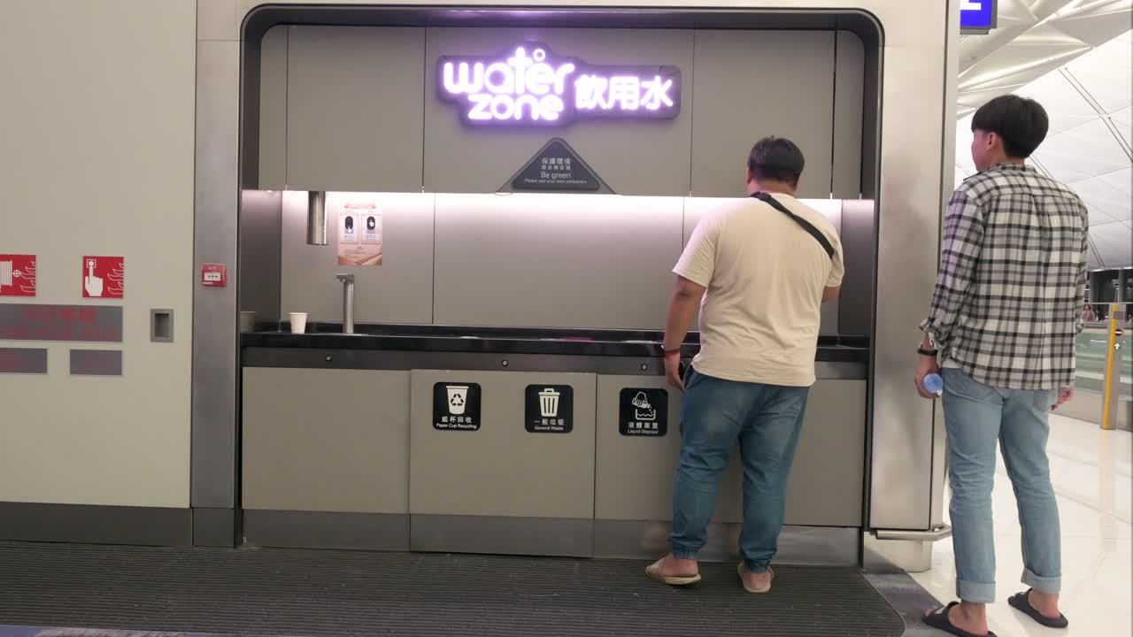Men using a water dispenser and recycling station at an airport