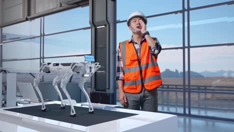 engineer interacting with a robotic dog in a modern factory setting