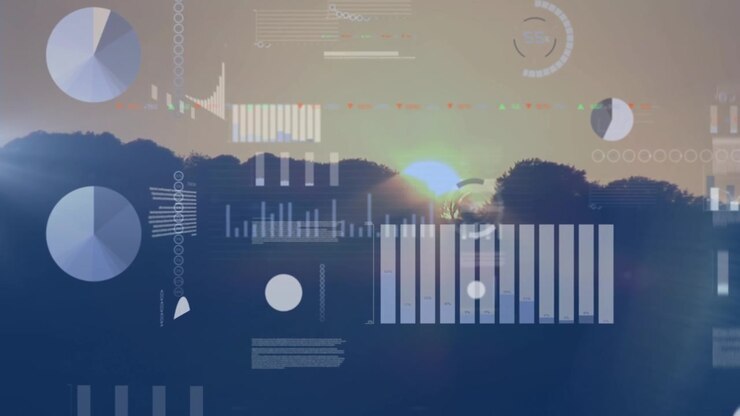 Animation of diverse data and graphs over landscape at sunset