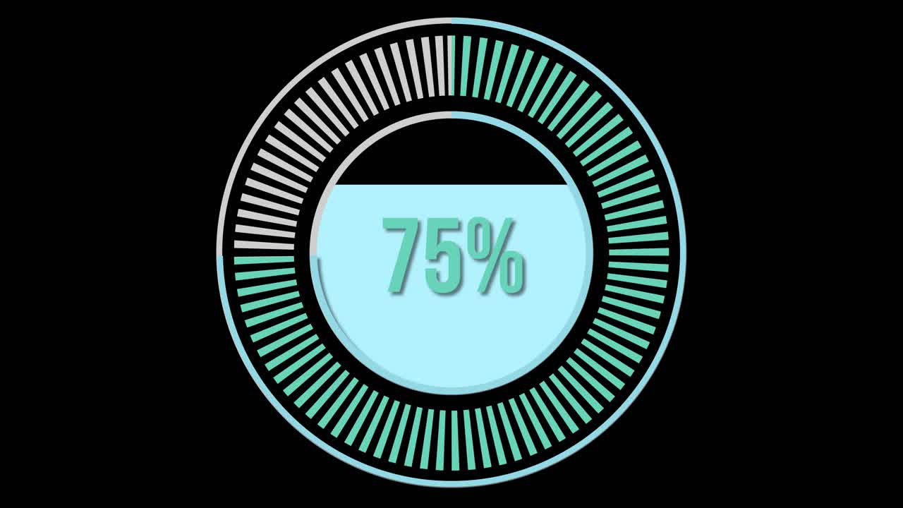 Circular percentage bars increment from 10% to 100% with smooth transitions and a modern design on a black background