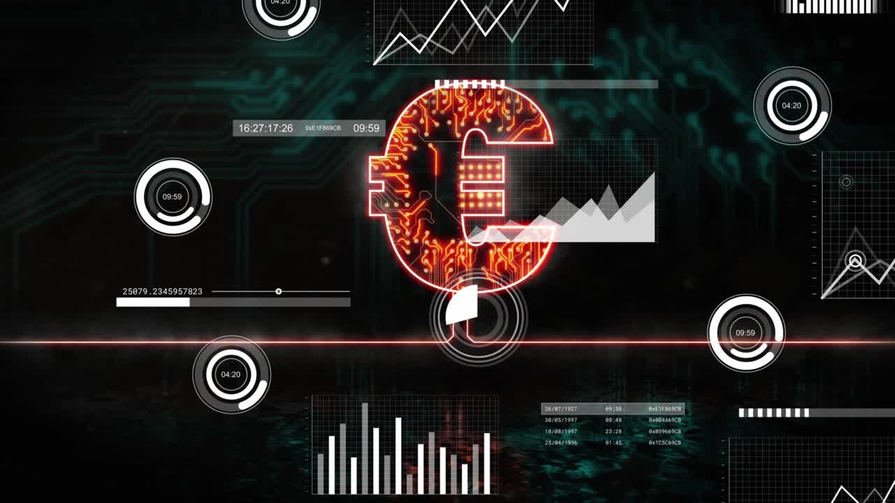 Neon euro appearing above baseline, dials sliding, bars rising, scanner pulsing, showing euro data