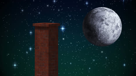 animación de paisaje navideño de invierno con chimenea, nieve cayendo y luna