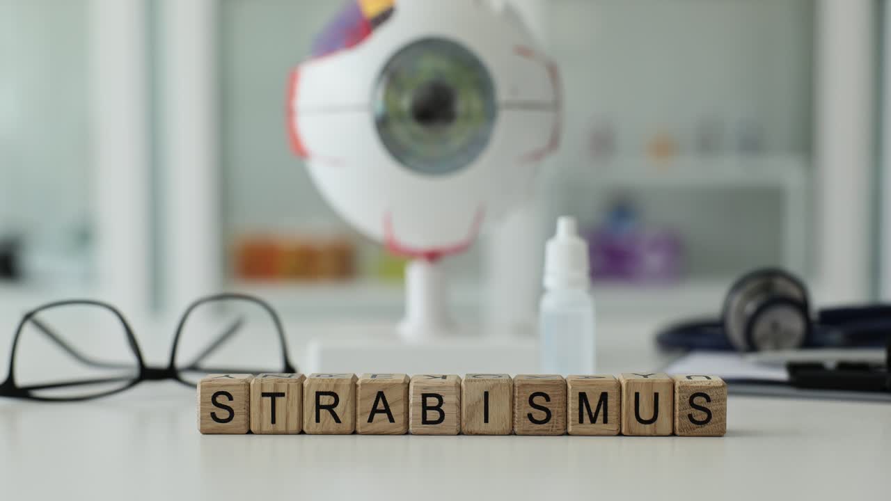 Skelning, oftalmologi, ögonmodell och droppar.