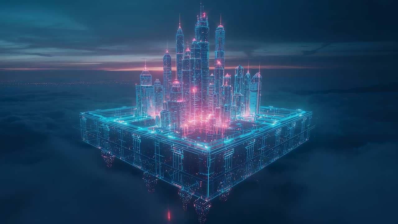 Opening shot revealing floating platform hovering above clouds, pulsing neon lights on cityscape