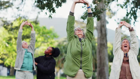 Ejercicio-De-Yoga,-Parque-Y-Personas-Mayores-Aplaudiendo