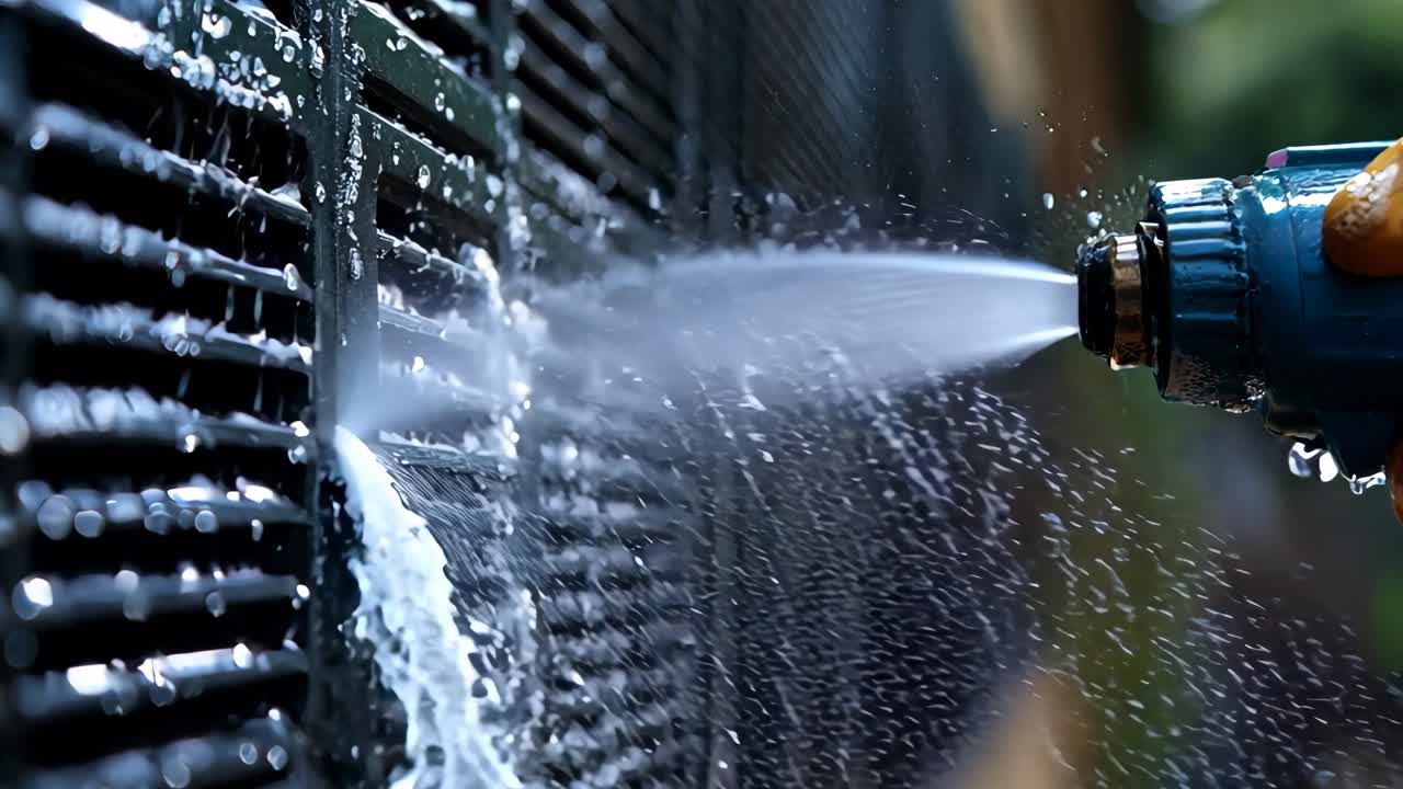A person is spraying water on a wall. The wall is covered in black grates. The sprayer is blue